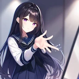 Clear focus,High resolution, Black long straight hair, and purple eyes, wearing a Sailor uniform, Hands reaching out to you