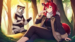 Girls, red hair, raccoon ears, raccoon tail, forest, sit on tree, raccoon paws on hand, paws on foot, raccoon paws, coat on neck,with tongue out,