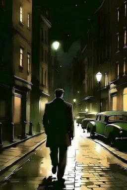 Draw a man in a suit and walkng the dark streets at night and make sure it is fully done in watercolor and looks naturally donw and also draw a taxi driving on that streeet that the mna i swalking on and also a street lamp is broken on that same street