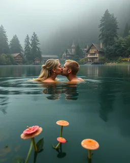 Portrait Romantic European blond couple swimming kissing together in lake Wonderful landscape fantasy early morning heavy fog photography art Rivendell village,lake,magical forest and houses,beautiful mushrooms,roses flowers,little waterfall,lake,close up photo beautiful romance couples on swimming together in lake