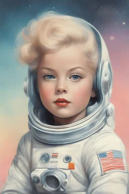 Illustration of anita ekberg as a toddler, astronaut, style of Marcel Marlier, pastel colors