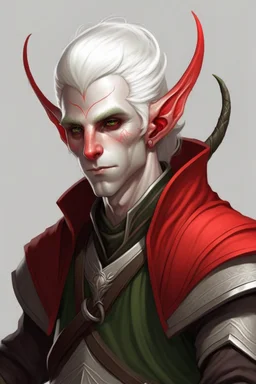 male tiefling red skin with white hair and white eyes rogue