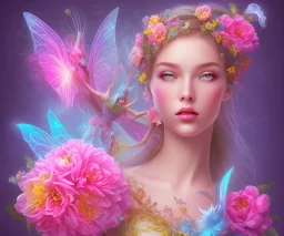 beautiful bright fairy portrait in a pink,blue, yellow flowers background