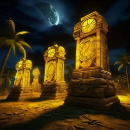 A yellow glowing ruins with clocks in a thunderstorm designed in Hawaiian tiki statues painted by Vincent van Gogh