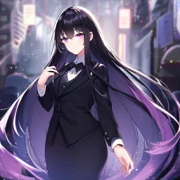 Clear focus,High resolution, Black long straight hair, Long bangs, and purple eyes, wearing a black suit