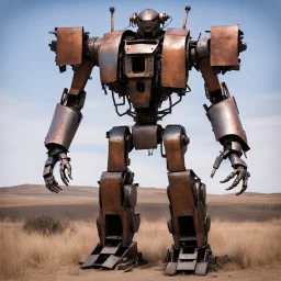 trash mech suit, human-sized, made of scrap metal, small, rusting