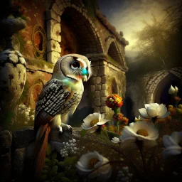 Adobe Promp: On a wall, a close up of a barn owl, side view, in a lavish background of blooming passion flowers. In the background in the distance an old ruin. A fisheye effect, a small depth of field, a sloppy look, a vintage atmosphere. a botanical image. Glamour glow, beautiful light.