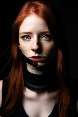 A redhead girl gagged with black cloth, wearing a yoga outfit