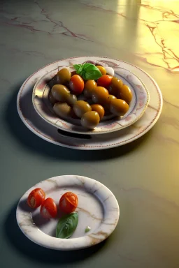 Italian Renaissance style still life consisting of a plate of Italian ravioli with natural cherry tomato and basil accompanied by olives, moisture ambient, natural ornaments, ceramic, marble, high kitchen, smooth, god rays, unreal engine 5, ray tracing, RTX, lumen lighting, ultra detail, volumetric lighting, 3d.