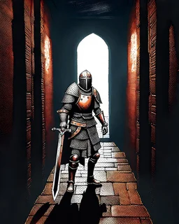 A frightening castle dungeon hallway with an knight warrior in rusty chainmail holding a zweihander painterly rpg art