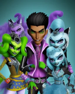 Character from Monster High, male, cannibal, body color is dark, eye color is yellow, sportswear, illustration, cartoon style