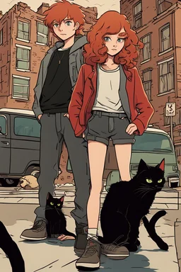 Two teenage brothers with ginger hair plus a teenage punk girl with dark hair are standing in characteristic book cover-style poses. Three black cats walk with them. They are young amateur detectives. The town street with a white van in the background, a mysterious atmosphere