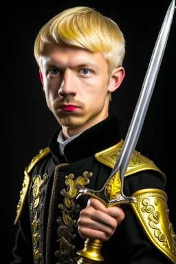 young european blond short hair adult royal guard swordsman with rapier