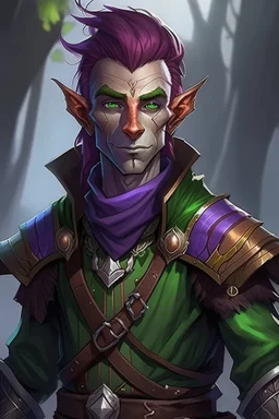 male wood elf, rogue, copper skin, bright green eyes, purple hair, leather armor