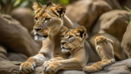 Two young lion cubs resting on a rocky outcrop, with their mother in the background. The cubs have a light brown fur coat and are curled up together , appearing relaxed and content in their natural habitat