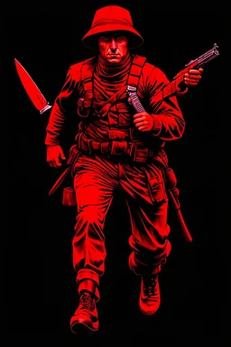 poster of a soldier running towards viewer, a knife i one hand, and a gun(barrel pointing at viewer) in the other. retro poster monochrome