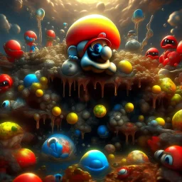 photorealistic super mario level detailing the creatures found on other worlds, retrofuturistic, phototrealism, Macabre Rapture End of days Revelation scene, isanely detailed matte oil painting, sinner apotheosis,diagonal composition, unbalanced, abstract surreal horror, eerie, scary warm a colorful splash of steampunk bubbles , amazing splashscreen artwork, photoshop water art, liquid painting, swirling paint colors, ink splash,