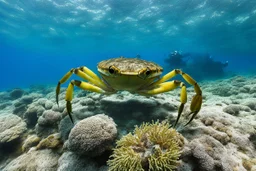 This shot was taken underwater by me while snorkeling in Corsica . As you can see the poor crab is not entirely happy to see me that close to him - probably fears he will get eaten. How could he know I am vegetarian and don't eat seafood?!