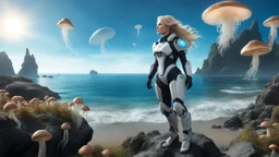 full body shot of a middle-aged, blond-haired woman in an exosuit, standing on a rock, on the shores of an alien world, with mushrooms with jellyfish tentacles floating in the air, photorealistic, Detailed Matte Painting, Deep Colour, Fantastical, Intricate Detail, sunshine, blue sky