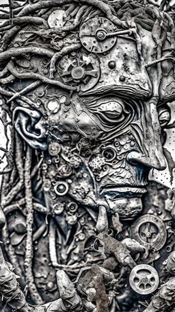 Bosch style painting , A balled face in details . The texture of the face is a collage of many 3D clock gears and screws covering the whole face and the eyes are covered by caves figures