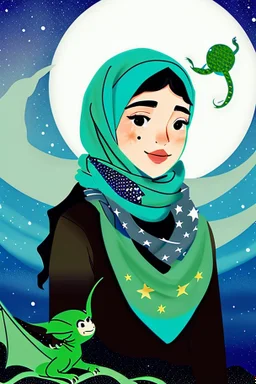 Muslim girl wearing a scarf with a dragon. trees . A sky colored with stars and planets. . And mosques.