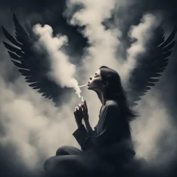 woman sitting forward Her face upward and blows cigarette smoke from their mouth upward. a figure with wings emerging from its back. behind the clouds of smoke look death. dark and mysterious