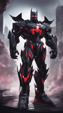 A close picture to Mix between transformers and batman and symbiote venom in solo leveling shadow art style with red details detailsis in fantasy world