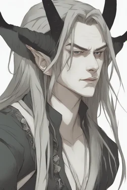 A dnd character portrait, a tiefling man with long hair and long black horns, white eyes and pale skin. Rogue.