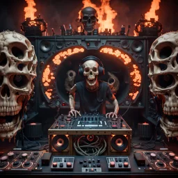 DJ of the damnded, insanely detailed DJ booth in hell, MID set, speakers and equipment made of bone, anatomically correct, add more skulls in th audience, photorealism, vray, 8k 3d