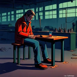 an very sad transparent drinking glas man with legs and shoes, working clothes, in a factory, nobody cares about the empty glas, that is why he is so sad :( , he had worked 30 years in the factory and never had a salary increase, tears in his eyes, simon stålenhag cartoon style