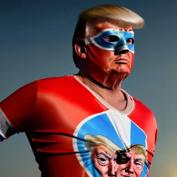 realistic image of donald trump as a mexican wrestling fighter posing, Mexican eyes wrestling mask, red and blue breeches, retro style, 80s, vibrant color, highly detailed, sky background, concept art, unreal engine 5, god rays, ray tracing, RTX, lumen lighting, ultra detail, volumetric lighting, 3d, finely drawn, high definition, high resolution.