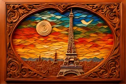 A stunning Eiffel Paris and surrealistic hand-carved and mosaic artwork on wooden clay tiles, depicting an ethereal and fantastical subject. The intricate detailing and craftsmanship of the relief carving and mosaic work create a mesmerizing and visually captivating art piece. The technique combines the finesse of wood carving with the precision of mosaic art, resulting in a unique and awe-inspiring masterpiece.