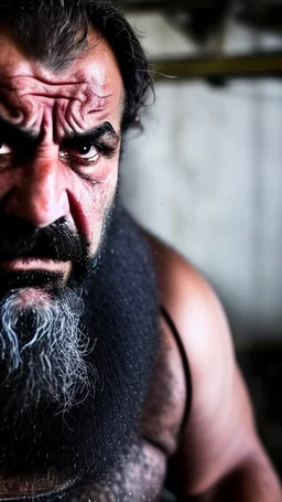 full figure shot photography of a dirty ugly burly stocky angry sweat iranian worker of a mining truck, 48 year old man, hands behind the head relaxing , manly chest, goatee, long hair with ponytail , sitting on an old sofa, boxer, bullneck, big feets, big tights, manly tights, sharp focus, street photo, angry eyes, intricate details, highly detailed, photorealistic, frontal view from the bottom, ambient occlusion