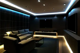 a dedicated home cinema room with LED ambient lighting in the walls