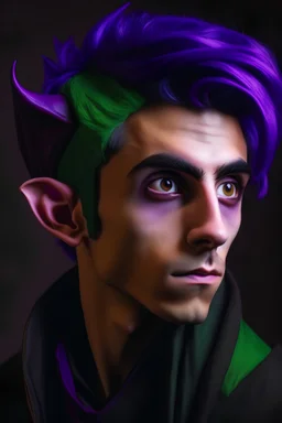 A portrait of a young elf, a wizard, spike ears, purple hair, Caravaggio style