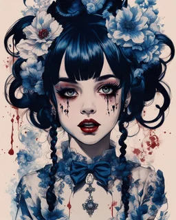 Poster in two gradually, a one side malevolent goth vampire girl face and other side the Singer Melanie Martinez face, full body, painting by Yoji Shinkawa, darkblue and sepia tones, wears a smart shirt which is embroidered with bluered flowers and ornaments, has dark eyes and horns,