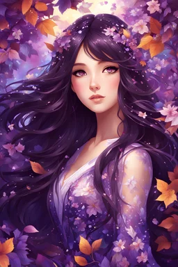 The artist skillfully depicted a beautiful anime girl with long, dark, shiny hair, wearing a glittery floral dress. Her big, lovely hazel eyes sparkled with a hint of mischief as she stood surrounded by intricate purple vines and leaves. The digital painting showcased vibrant colors, bringing the illustration to life in a captivating and enchanting way.
