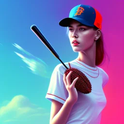 a girl wearing a baseball cap holding a small boombox in her hand, full shot. paint splashes, outrun, vaporware, shaded flat illustration, digital art, trending on artstation, highly detailed, fine detail, intricate