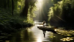 A solitary lady in a canoe is stopped in a backwater; sunlight reflects on the water, creating white flashes against the dense foliage in the background.