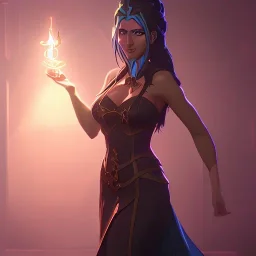 a busty female fantasy mage casting spells in a sensual dress