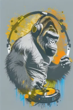 action shot of a Gorilla with headphone mixing music with Dj controller , DMT art,, tshirt vector, enclosed in a circle, sunshine, contour, white background