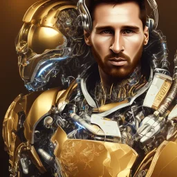 portrait front, face lionel messi, robot, golden, argentina flag intricate, sci-fi, cyberpunk, future,