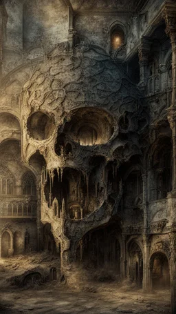 dark fantasy art of a medieval abandoned hall