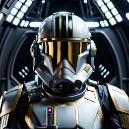 star wars bald male corellian pilot wearing gunmetal grey and black First Order TIE pilot armored flightsuit and helmet with gold trim inside the jedi temple, centered head and shoulders portrait, hyperdetailed, dynamic lighting, hyperdetailed background, 8k resolution, volumetric lighting, light skin, fully symmetric details