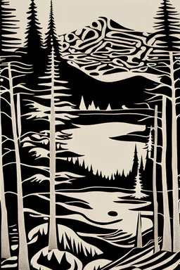 Forest, lake, mountains, Edvard Munch, Yves Tanguy, b/w, high resolution, highly intricate patterns, 33mm photography