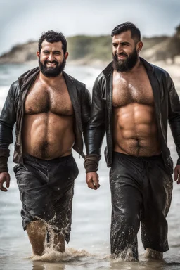 half figure shot photography of two strong muscular chubby hairy burly 32 years old ugly arab fishermen, short beard, shaved hair, shirtless, manly chest, swimwear, emotive eyes, walking on the beach in the sun, side light, sweat and wet, ground view angle