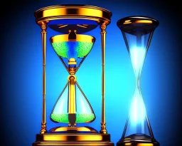 a glowing blue hourglass with an analog clock on it, realistic, meticulously detailed, intricately detailed