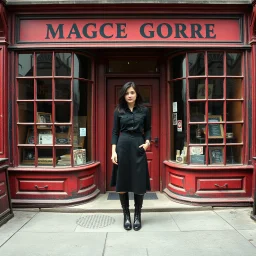 Photorealistic image of a young woman with dark hair, in a black ankle length skirt, boots and shirt, standing outside an old magic shop front with large red painted multi-paned picture windows on either side of a multi-paned doorway.