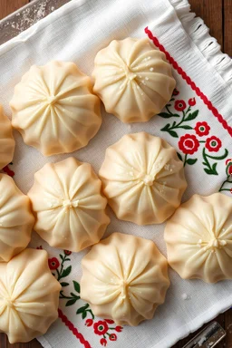 Artistic composition of raw, freshly molded dumplings on an embroidered towel, a little flour, realistic photo, high detail, high quality stock photography, 16k