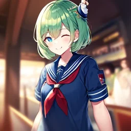 Clear focus, High resolution, short light green hair, blue eyes, wearing a sailor uniform, red tie, wearing a sailor skirt, eyes closed, smiling, 1girl, spiky hair, not alot of hair on the side of her head